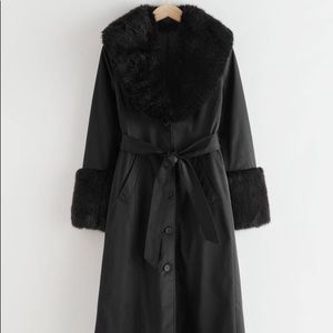 & Other Stories Long Belted Fitted Faux Fur Coat Black